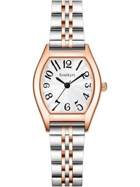 Women's Silver & Rose Gold-Black Barrel-Shaped Easy Read Arabic Numerals Watch